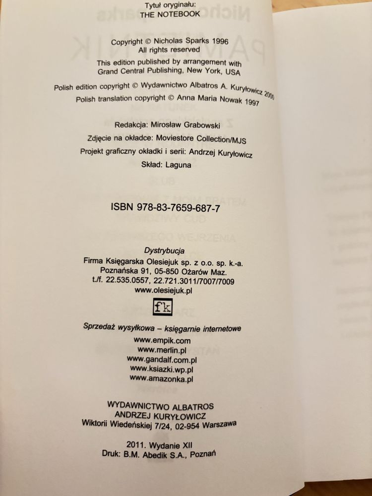 Książka „Pamiętnik” Nicholas Sparks