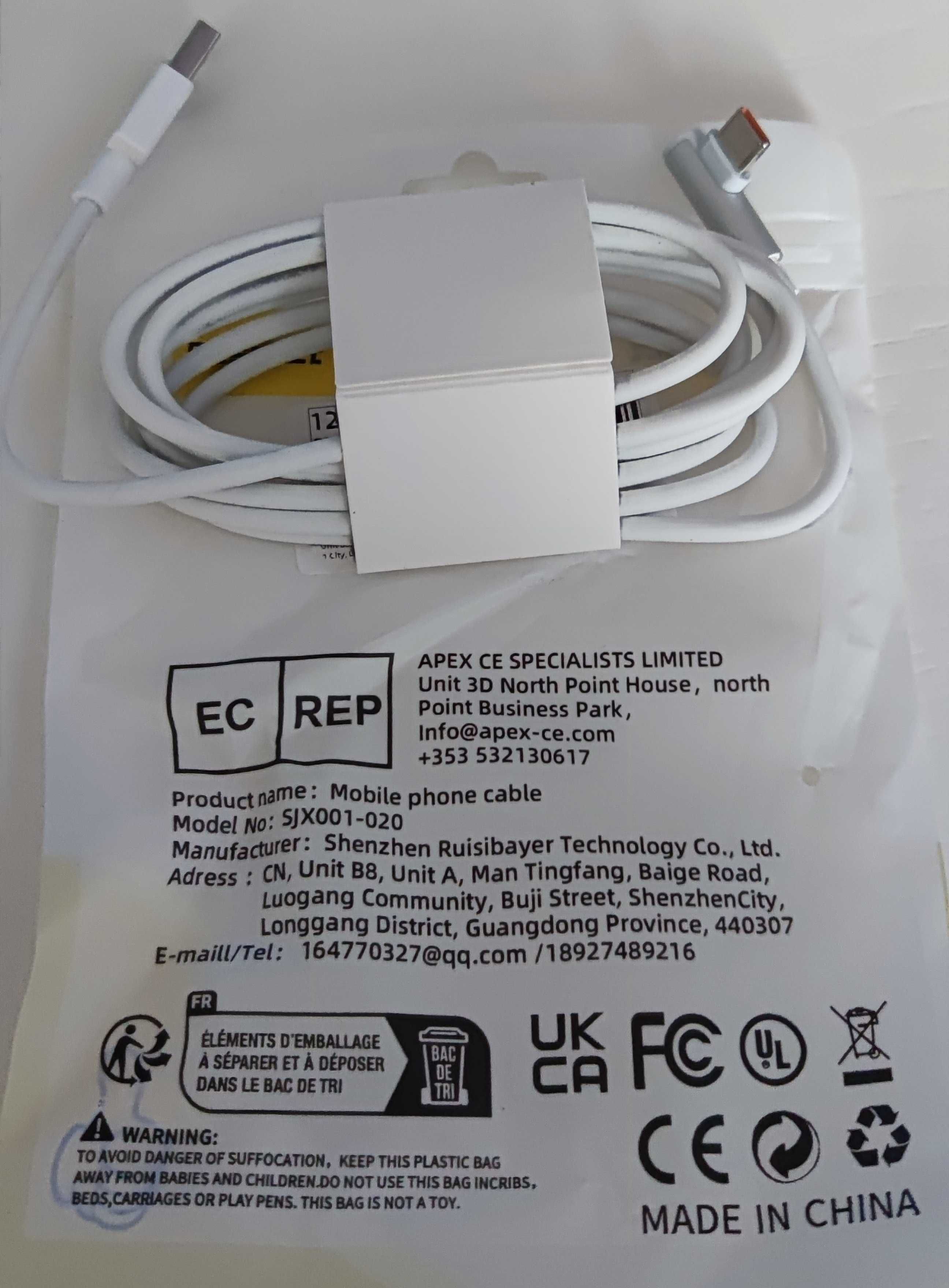 Przewód ładowarki Xiaomi 1.8m 120W 6A Mi Turbo Charge. USB-A do USB-C
