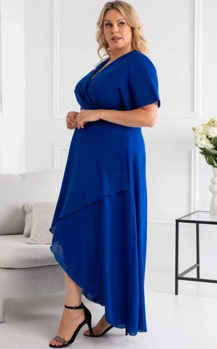 Chabrowa sukienka asymetryczna kopertowa polska produkcja r.46