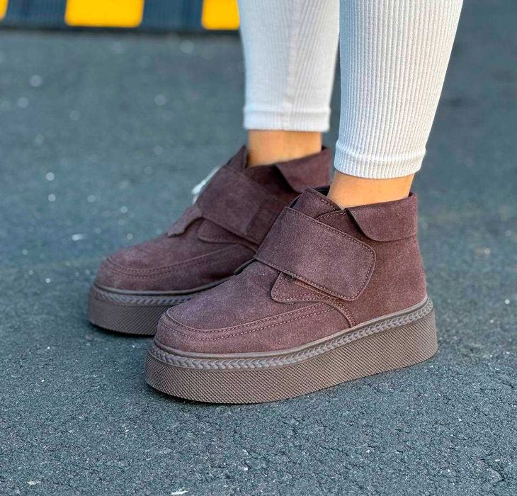 Жіночі черевики на хутрі (36-41) шоколадні замшеві, Ботинки женские