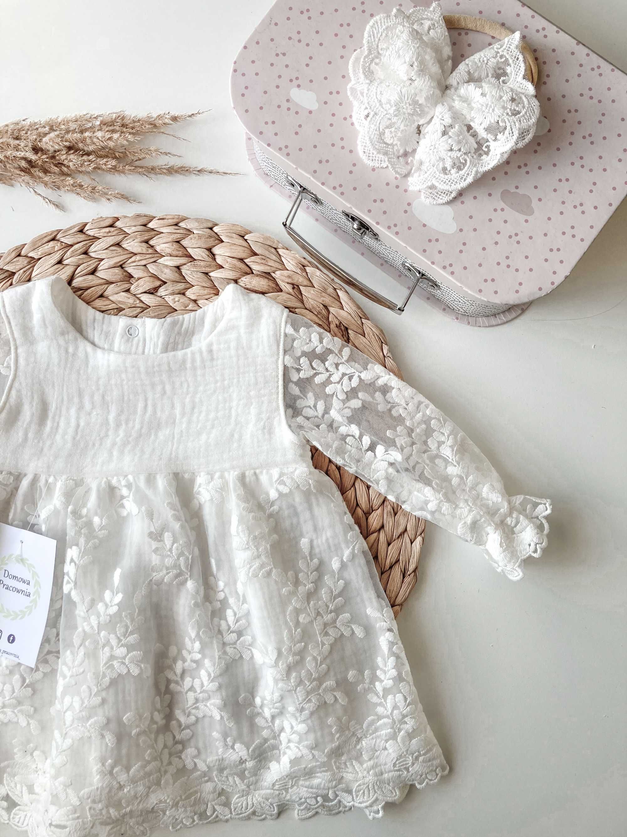Sukienka na chrzest Aniela do chrztu muślin koronka boho 62 ecru