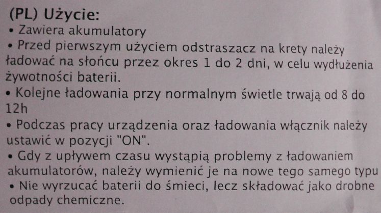 Odstraszacz kretów myszy nornic ładowanie słońcem 550 - 700m2