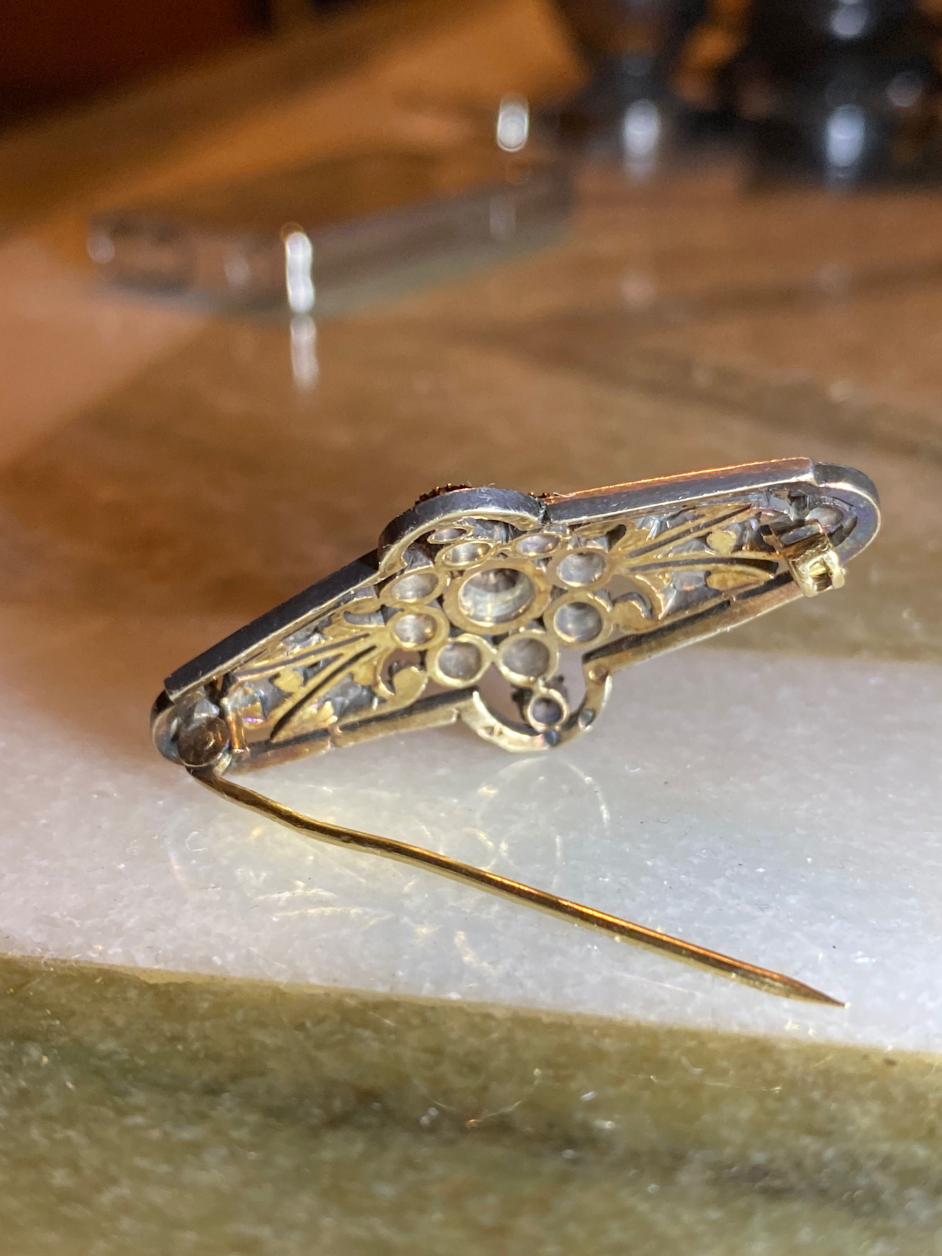 Alfinete Ouro Prata Diamantes Contrastado séc XIX 4 cm