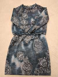Sukienka dresowa wzór jeansowy w kwiaty