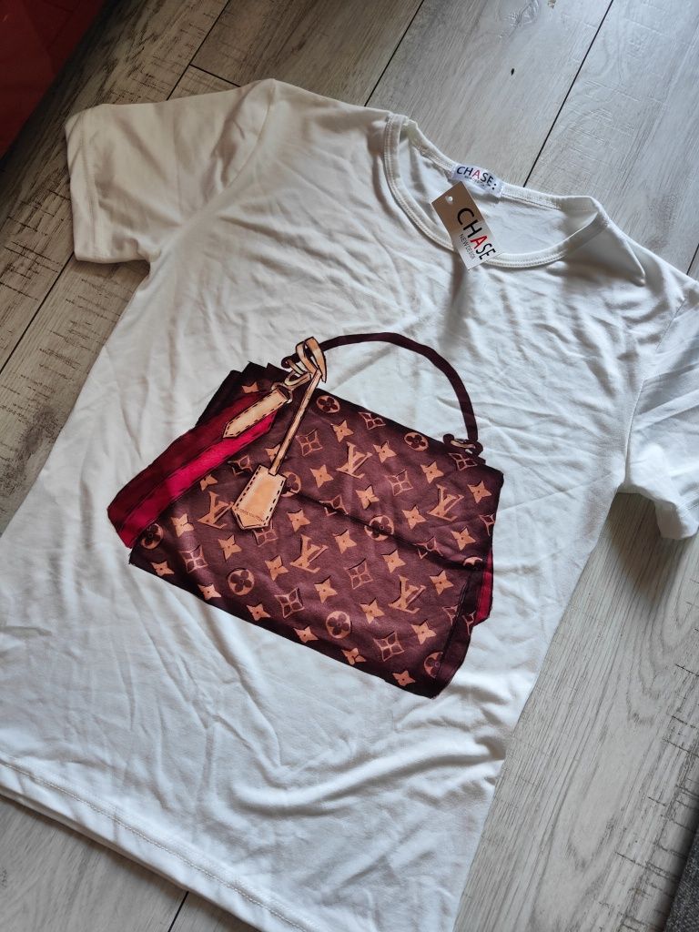 Biała koszulka na krótki rękaw z nadrukiem torebki Louis Vuitton nowa