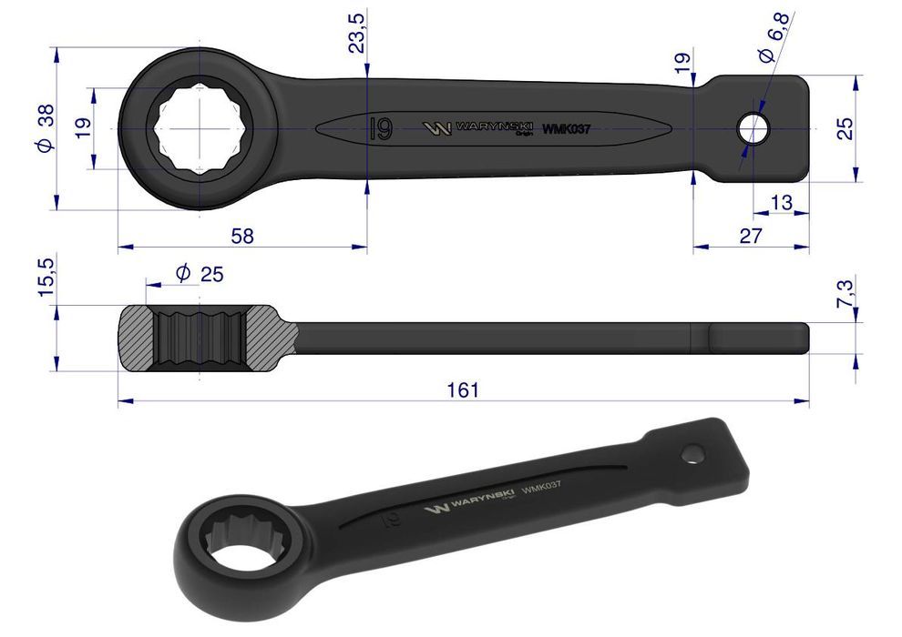 Klucz oczkowy do pobijania 19 mm Waryński