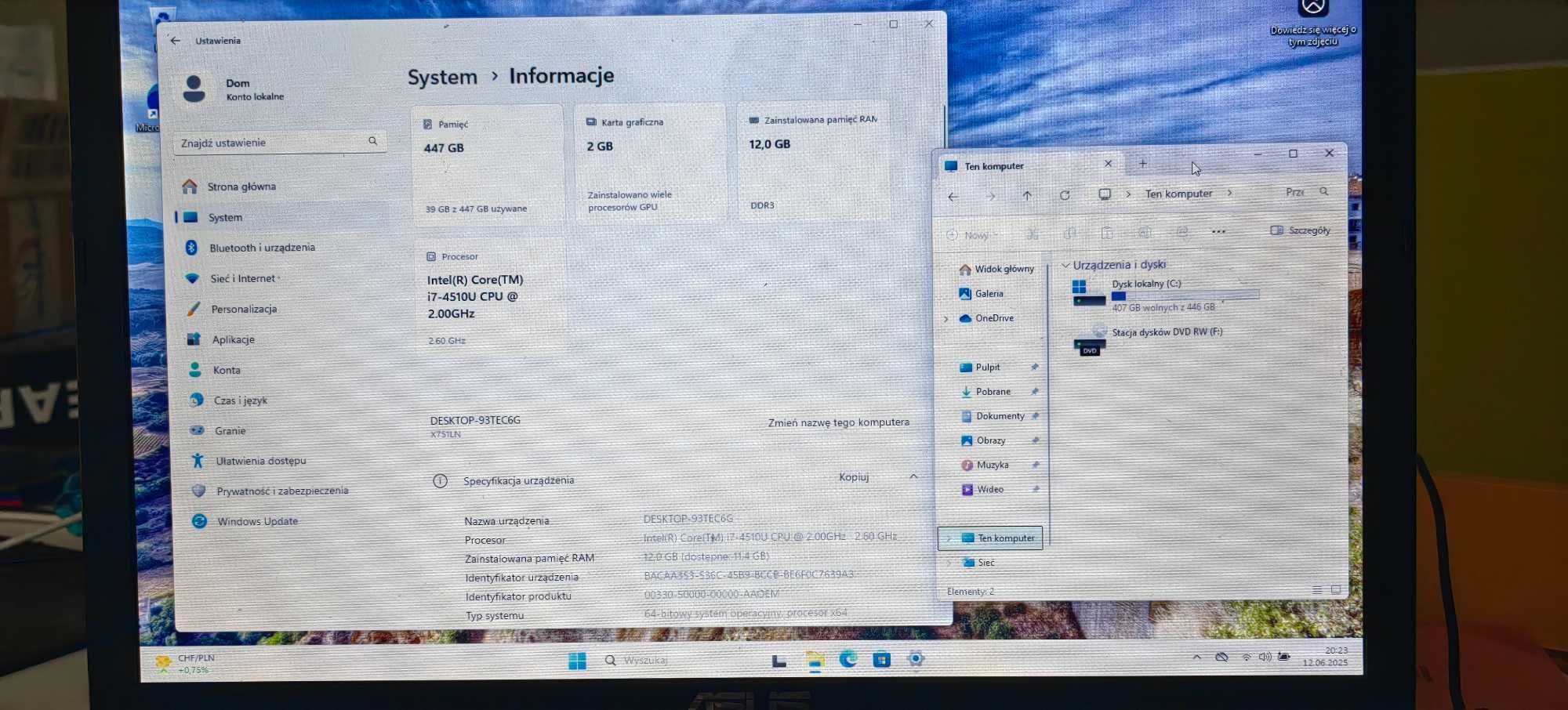 Notebook ASUS X751L i7/12GB RAM/SSD 480GB/17"