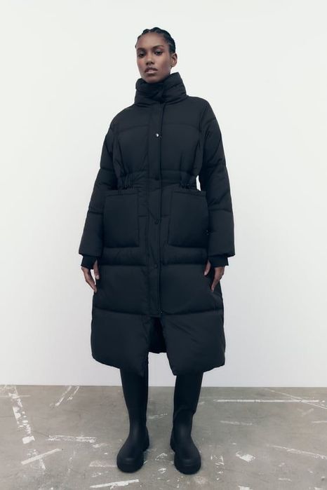 Жіночa довга куртка пуховик ZARA шапка hm