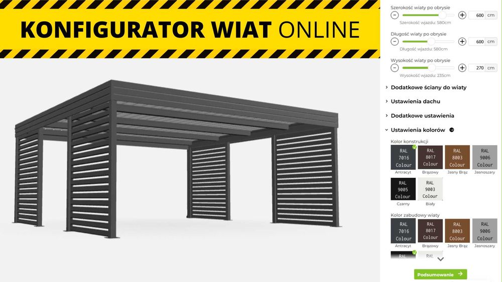Wiata 3x7m z pomieszczeniem z tyłu FALA Antracyt (Zaprojektuj w 3D)