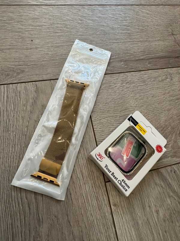 Etui pasek bransoletka złote z cyrkoniami iWatch 45 cm zestaw
