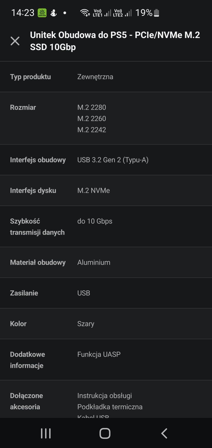 Obudowa do PlayStation 5 PCIe/NVMe M.2 SSD 10Gbp