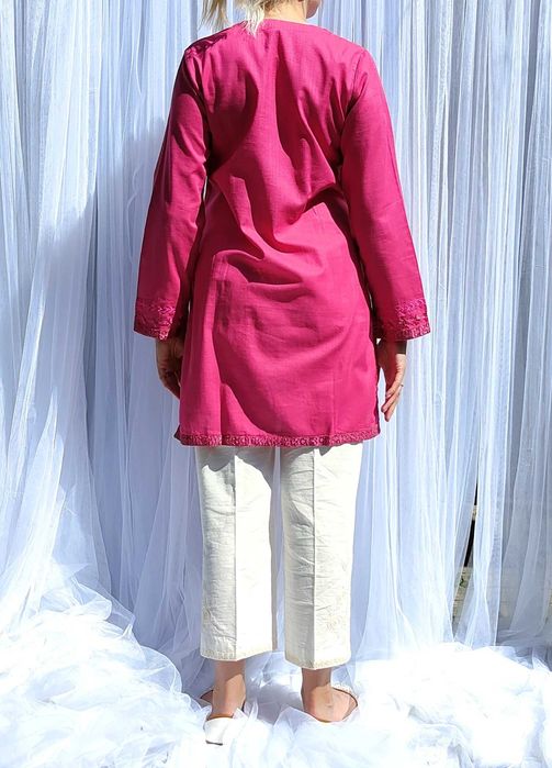 Różowa tunika boho S 36 bawełna róż złoto haft kameez hippie Bollywood