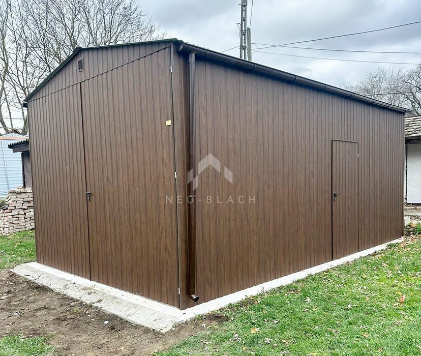 Garaż Blaszany 4X6M Brama Dwuskrzydłowa Drzwi Drewnopodobny  Nb454