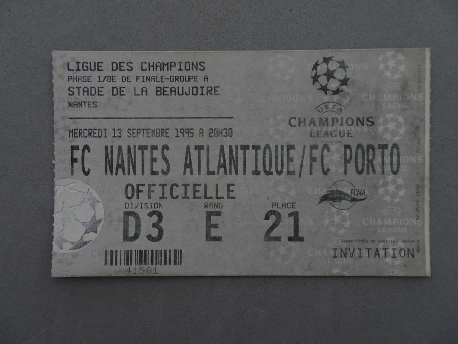 Bilhete de futebol Nantes Atlantique Porto Champions League Set 1995