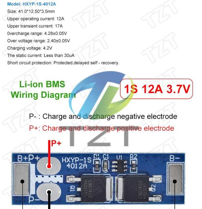 Плата BMS 1S/3.7V 12 А