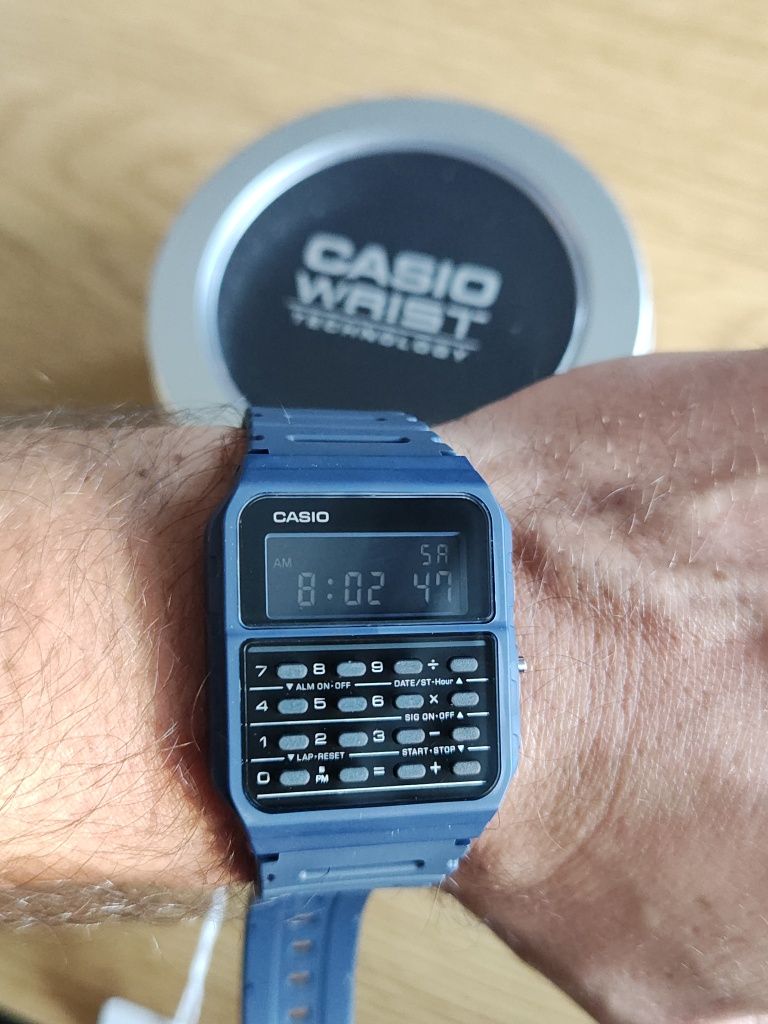 Nowy granatowy zegarek retro Casio z kalkulatorem. Cały zestaw. Szybka