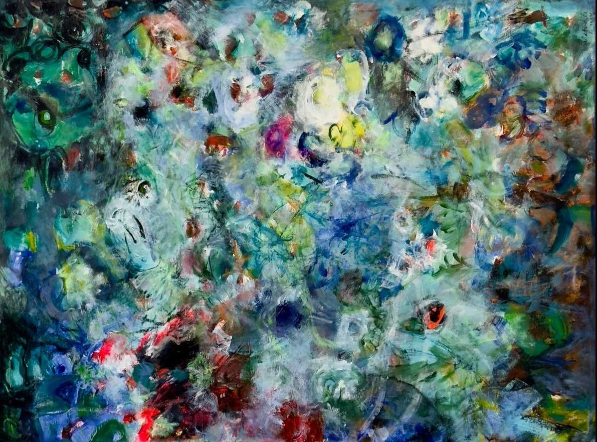 Quadro abstrato pintura contemporânea, assinada, moldura em L preta