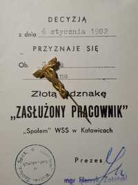 Złota odznaka Zasłużony Pracownik WSS Społem + legitymacja + pudełko