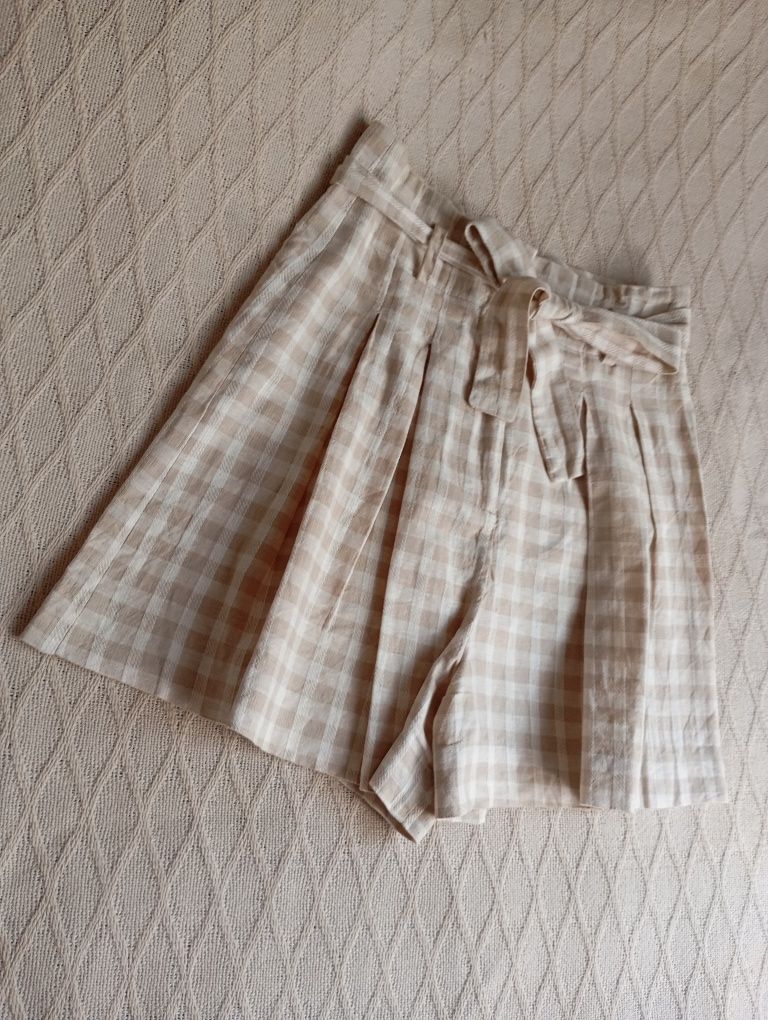 ZARA XS spodnica spodenki beżowe w kratkę len bawełna