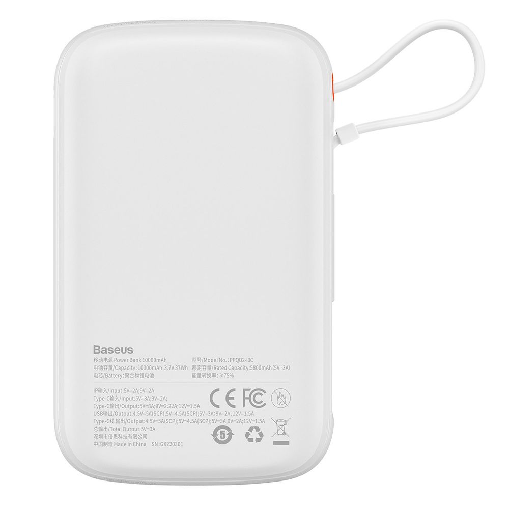 Baseus Qpow powerbank 10000mAh kabel USB C 22.5W QC SCP AFC FCP biały