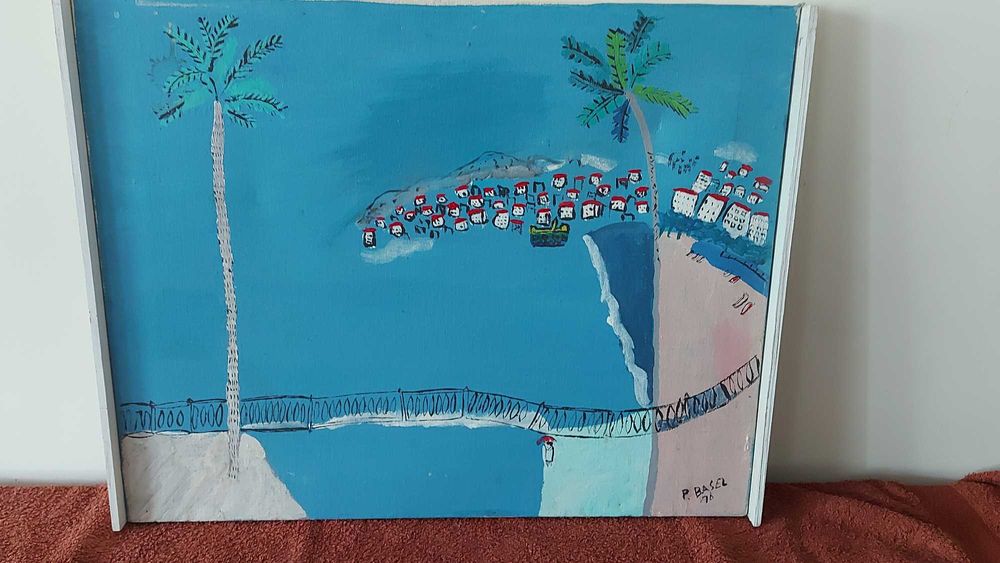 Obraz P. Basel – nadmorski pejzaż w stylu naiwnym 51×41 cm