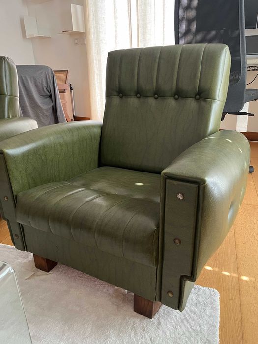 Vintage Green Leather Chairs x2