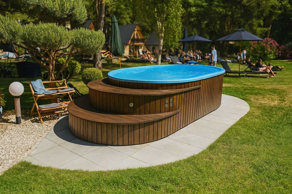 Całoroczny basen ogrodowy  piecem filtrem skimmer hydromasaż LED dysze