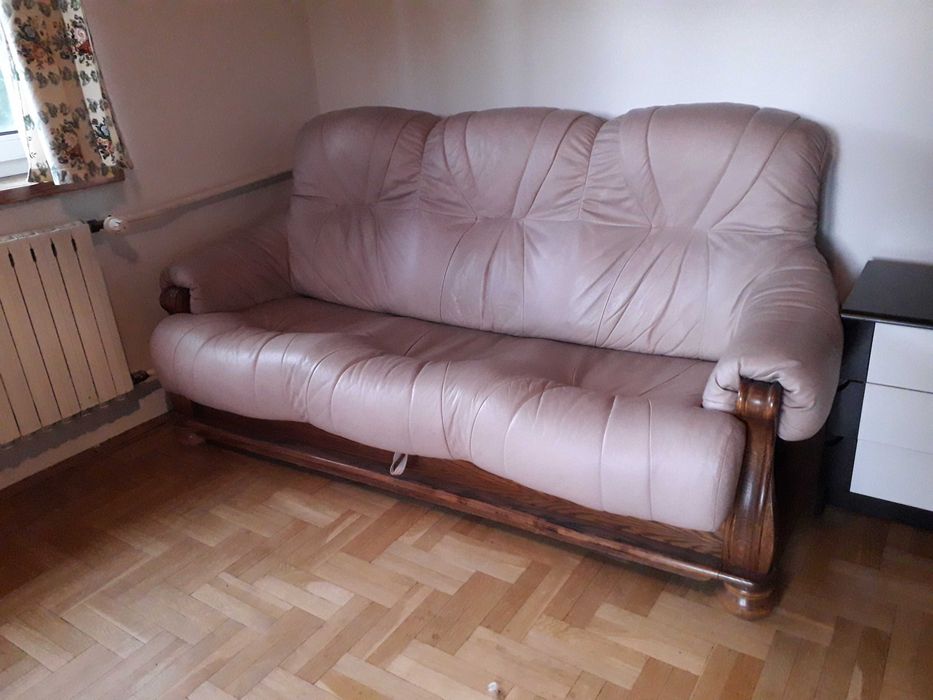 Komplet wypoczynkowy skórzany/ dębowy sofa z funkcją spania, fotel