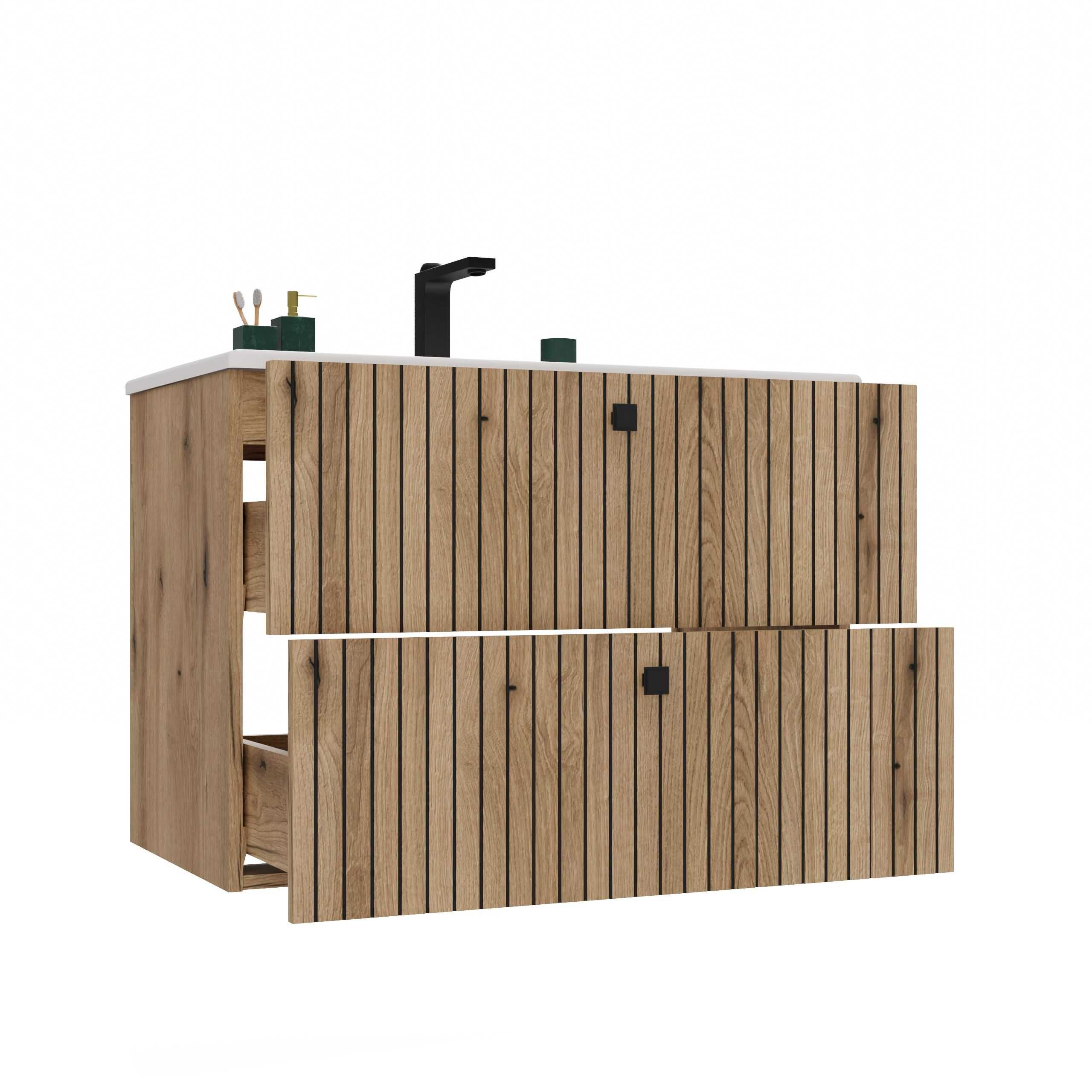 SZAFKA Pod Umywalkę TIGO 80 2S Ryflowany Front + Umywalka DĄB EVOKE