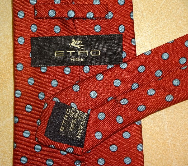 ETRO Milano - oryg. bordowy jedwabny krawat w niebieskie grochy SILK