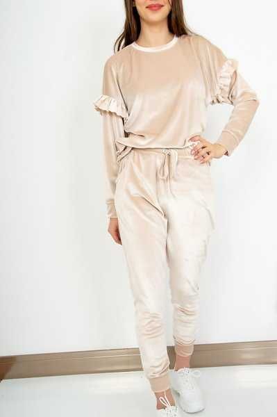 Miękki dres welurowy z falbanką jasnobeżowy r. S-M 36-38