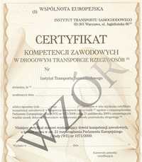 Użyczę Certyfikat Kompetencji Zawodowych Opiekun Transportu