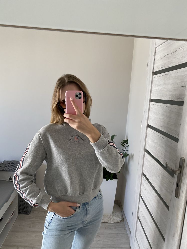 Bluza xs szara h&m american crop top vintage z kapturem lampasy