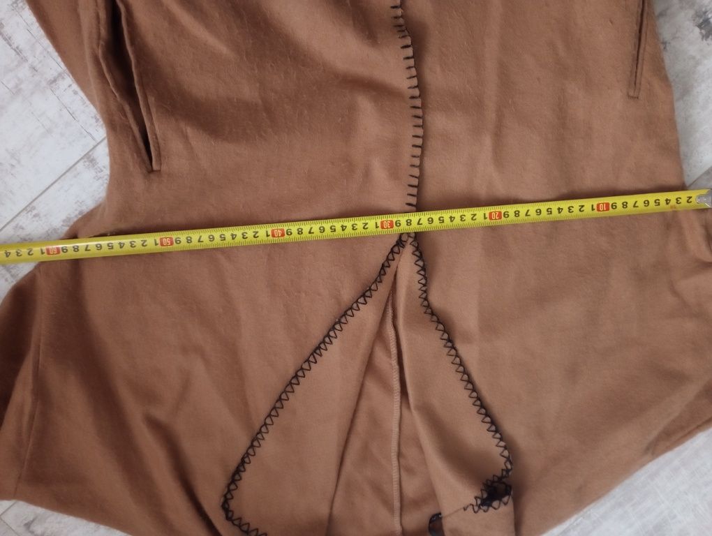 Brązowy karmelowy płaszczyk midi z frędzlami oversize 42 44 46