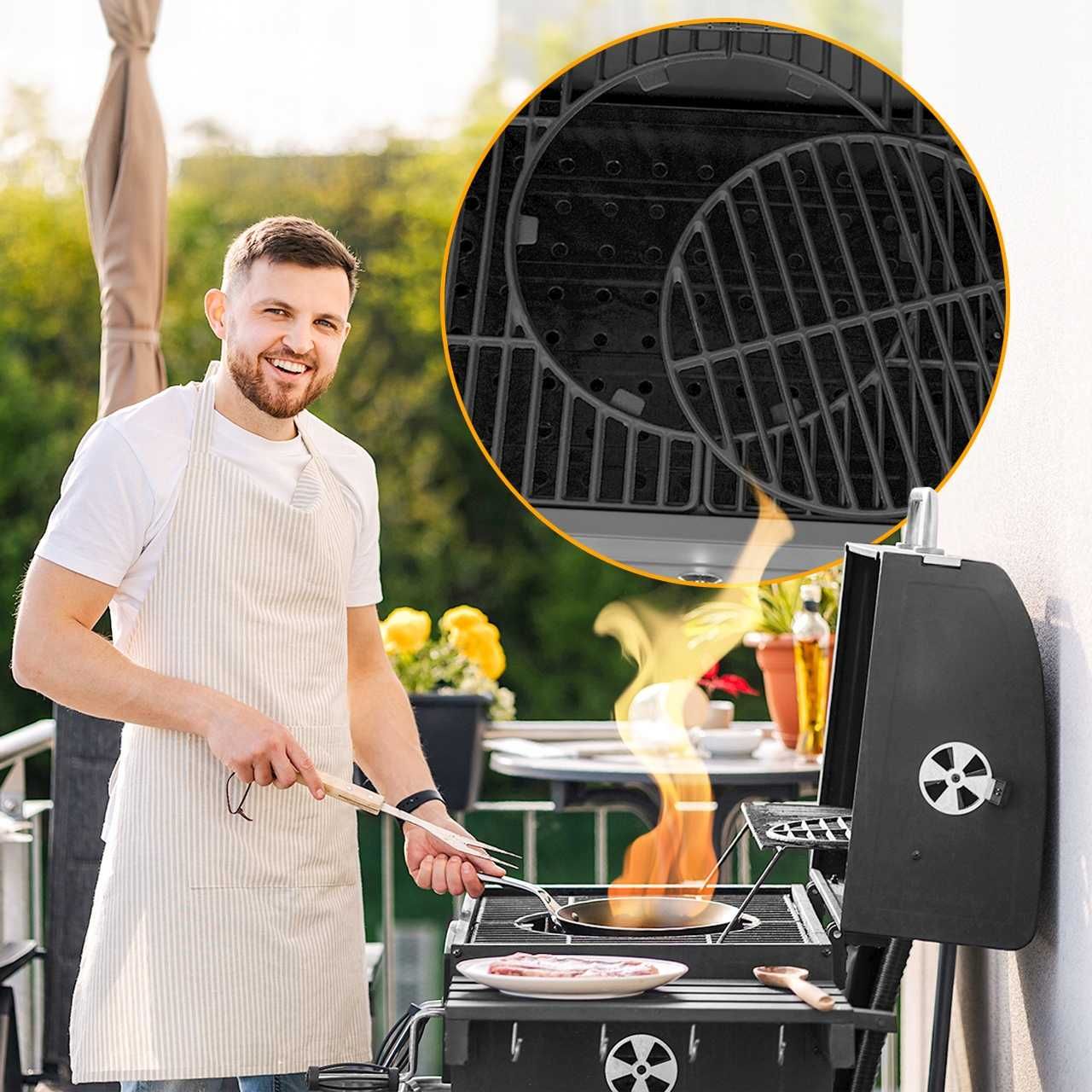 GRILL WĘGLOWY Duży Ogrodowy Pokrywa ŻELIWNY RUSZT Regulowany Półki BBQ