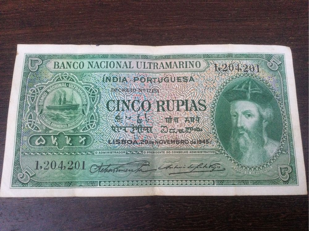 Nota 5 Rupias Índia Portuguesa 1945