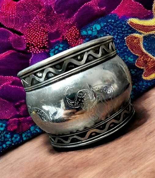 Szeroka Srebrna Bransoletka Zdobiona Boho Hippie India Orient Etno