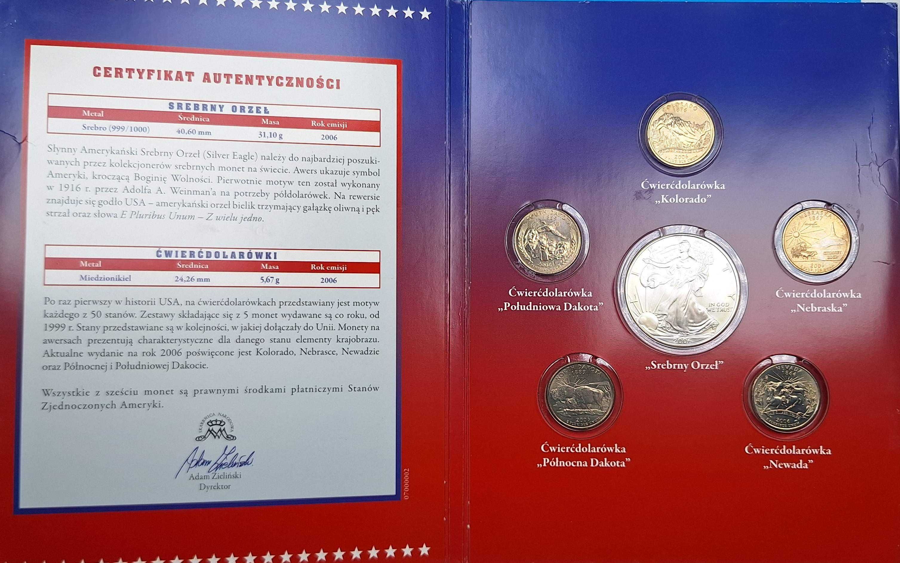 Zestaw USA 2006, 6 monet (1 x 1 dolar + 5 x 1/4 dolara), piękny stan