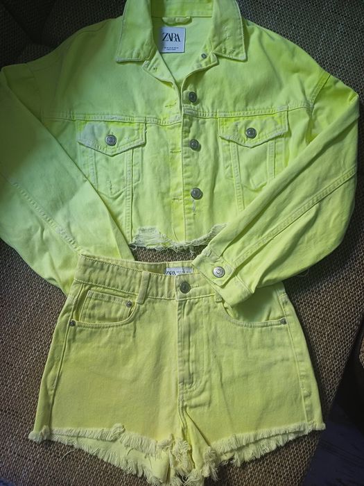 Komplet jeansowy dżinsowy Zara dekatyzowany seledynowy XXS, XS