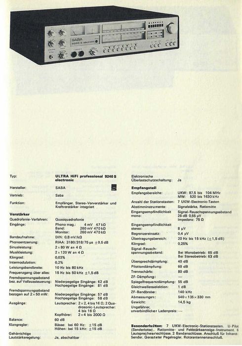 Professional SABA 9240 S - Made in Germany, стерео ресивер 2х80 ватт