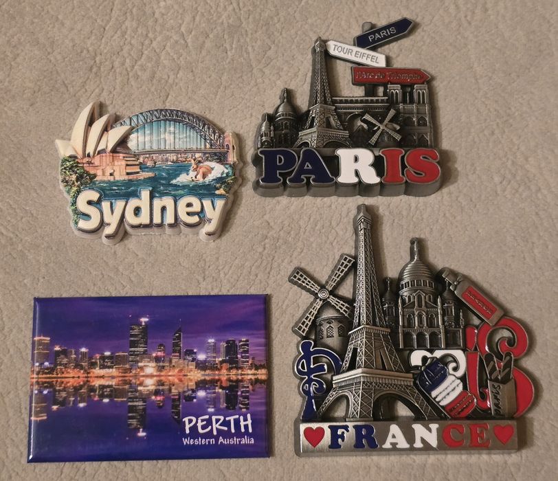 Zestaw 4szt. Magnesy na lodówkę Australia Francja Perth Sydney Paryż.