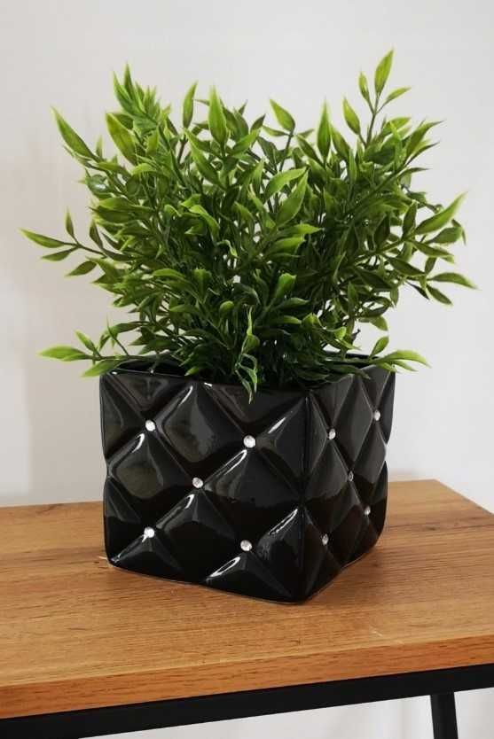 Eleganckie czarne kwadratowe doniczki, pikowane, na kwiaty dom 14 cm