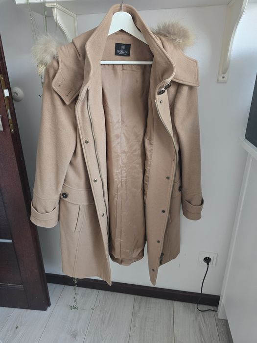 Plaszcz klasyczny wełniany beżowy karmelowy XL XXL 44 42 kaszmir wełna