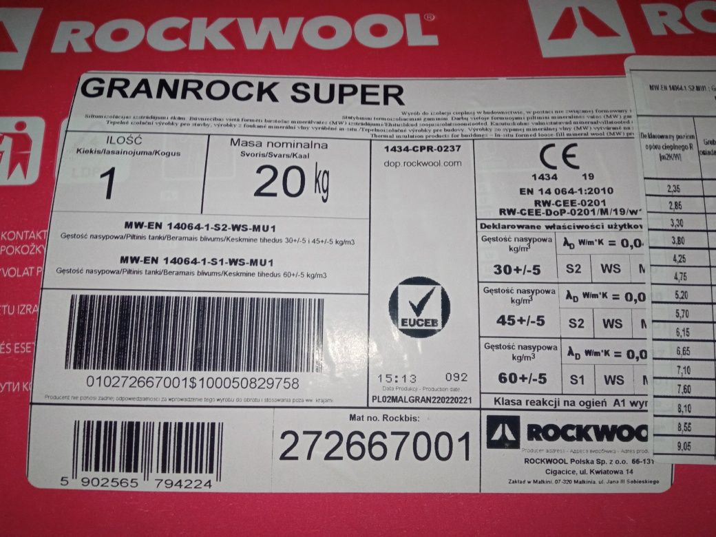 Granulat wełny Rockwool granrock super 20kg sztuk 6