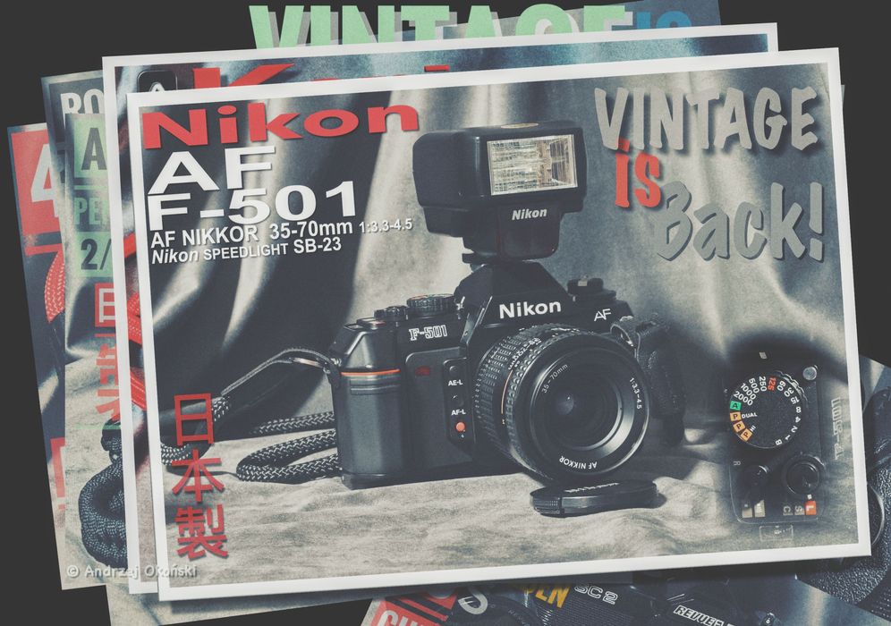 Nikon z obiektywem, plus lampa, pasek i baterie