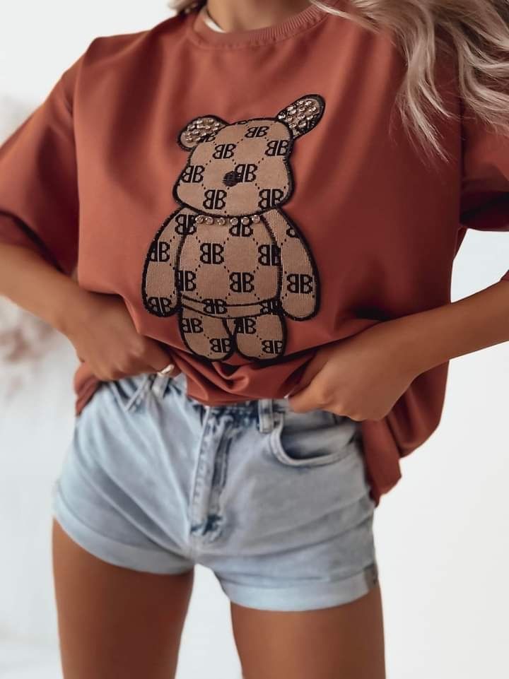 T-shirt damski oversize miś bear cegła nowość