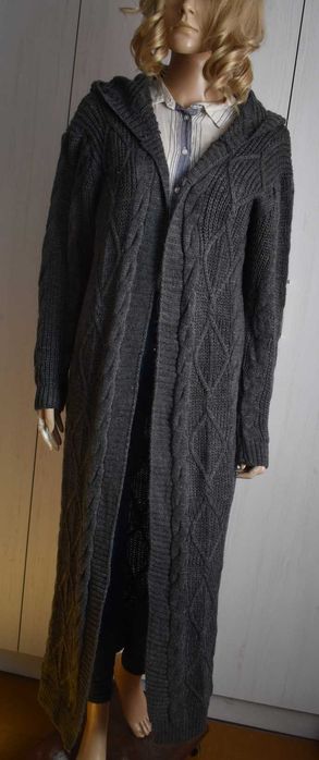 Sweter S M 36 kardigan długi z kapturem płaszcz niezapinany do kostek