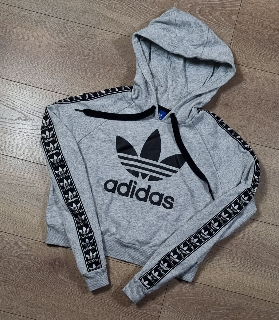 Bluza damska Adidas, z kapturem, hoodie, logo, lampasy, szara