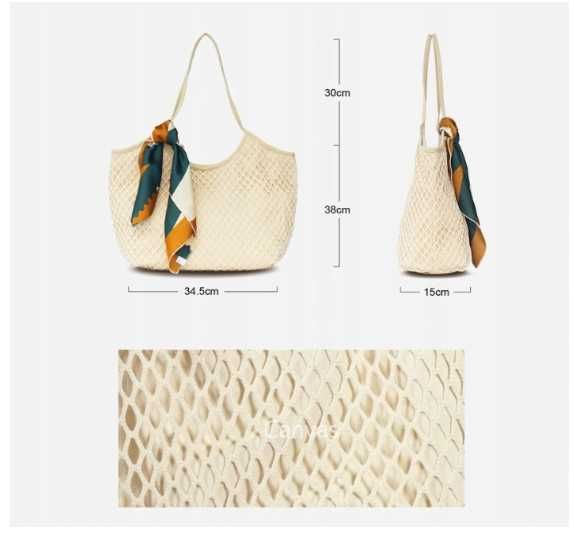 Duża torba letnia apaszka beżowa ażurowa plażowa lato wiosna