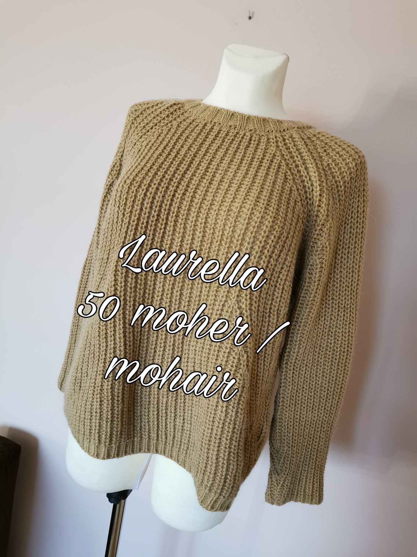 Sweter Laurella wełna wełniany moher brązowy kremowy ecru dzianina L